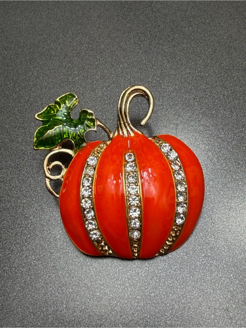 Orange Pumpkin Crystal Accent Brooch - #cz386